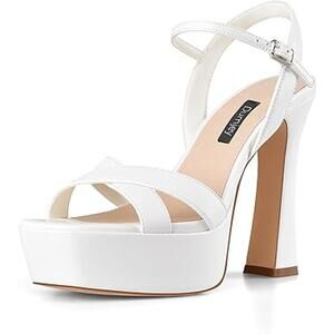 Dumjey Womens Size 7.5 White Open Toe 5" Block Heel Platform Sandal Shoes